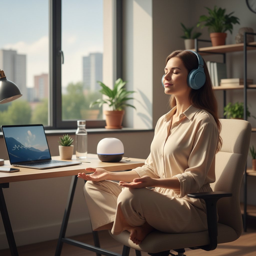 Kobieta przed komputerem w biurze, słuchająca ćwiczeń oddechowych przez słuchawki, spokojny wyraz twarzy