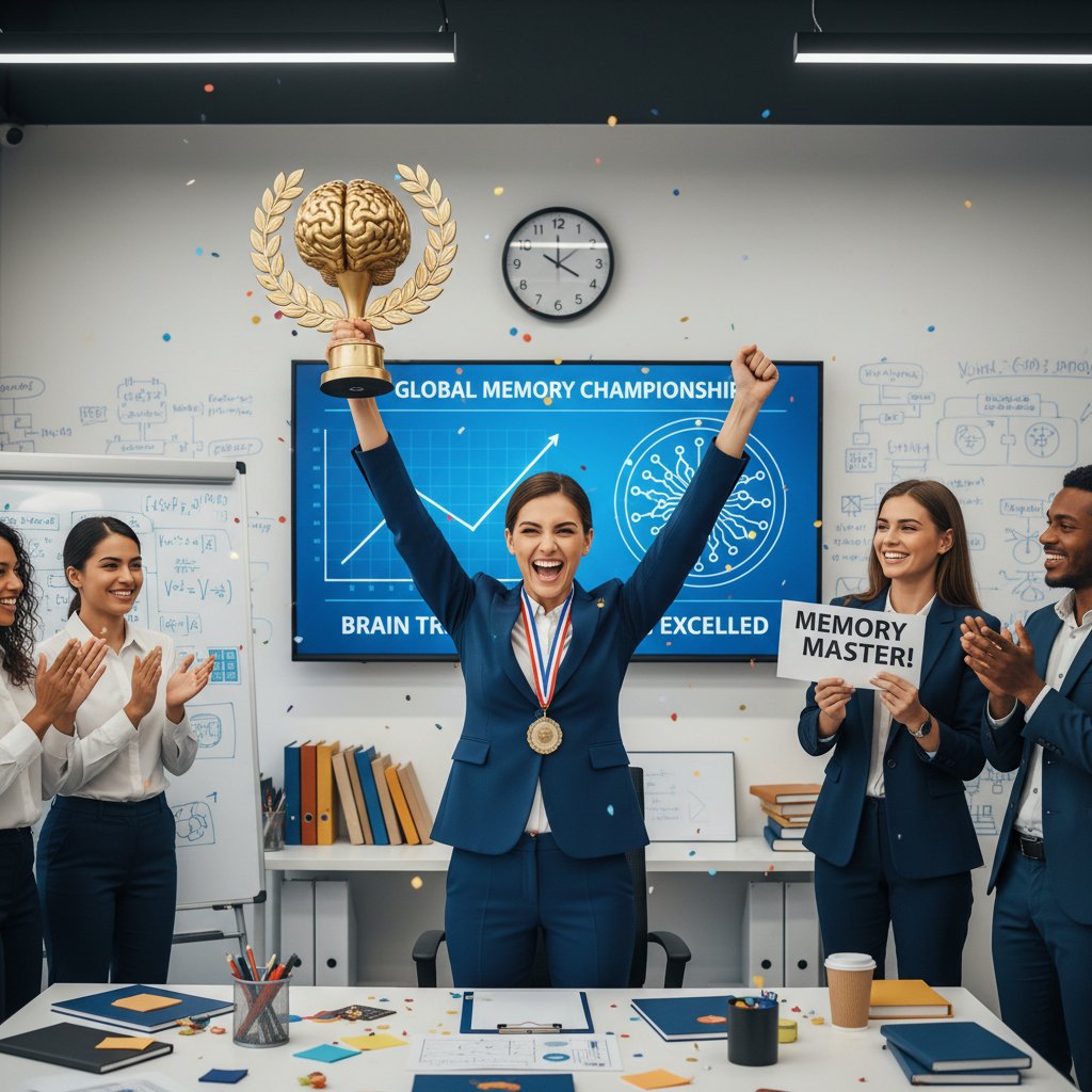 Kobieta uśmiechnięta w biurze, trzymająca puchar za osiągnięcie w konkursie pamięci, otoczona symbolami sukcesu i pracy umysłowej