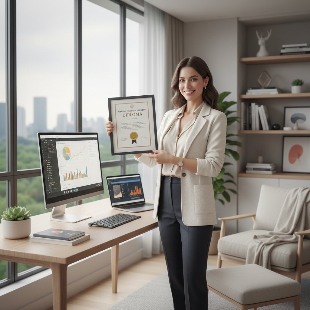 Kobieta w biurze, własny biznes, dyplom kursu online w ramce, nowoczesne wnętrze