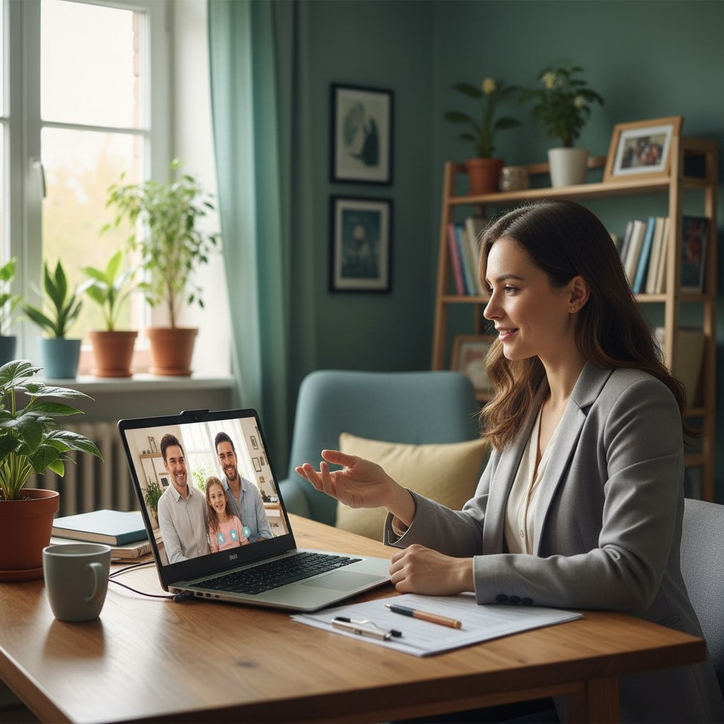Kobieta podczas konsultacji online z ekspertem ds. planowania rodziny, domowe biuro, ekran laptopa