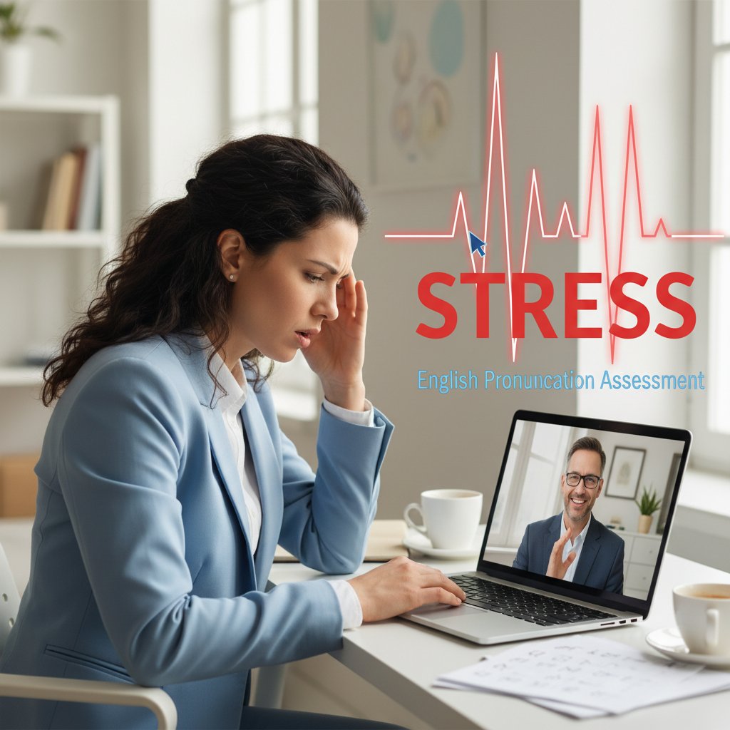 Kobieta podczas rozmowy rekrutacyjnej online, wyraźnie zestresowana wymową angielskiego