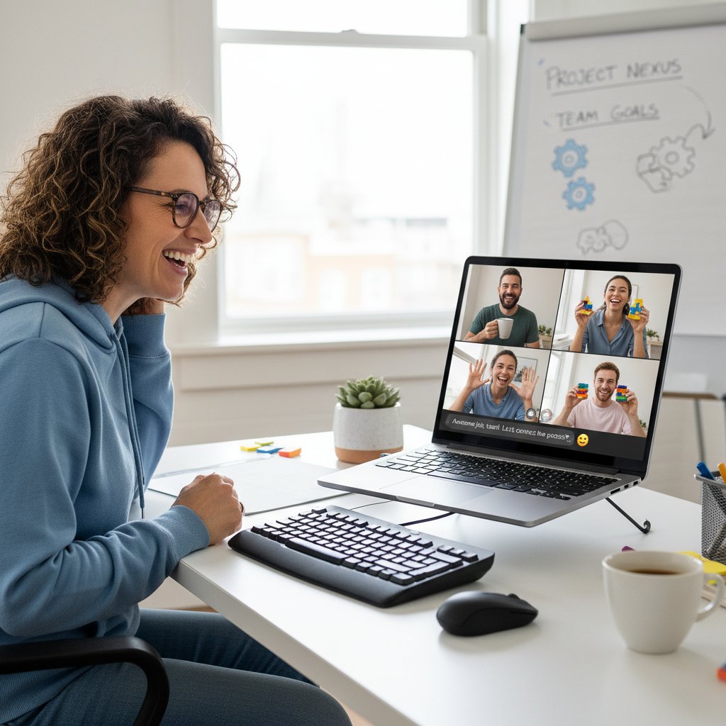 Kobieta z uśmiechem rozmawiająca przez komputer z grupą online, atmosfera wsparcia i integracji