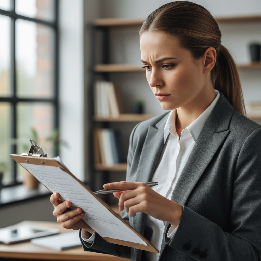 Kobieta zaznaczająca odpowiedzi na papierowej checkliście, widoczne poważne skupienie