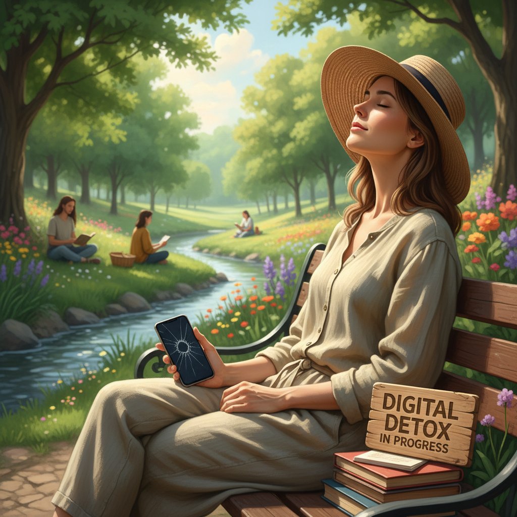 Kobieta siedząca w parku bez telefonu, patrząca na drzewa i oddychająca głęboko, symbolizująca cyfrowy detoks