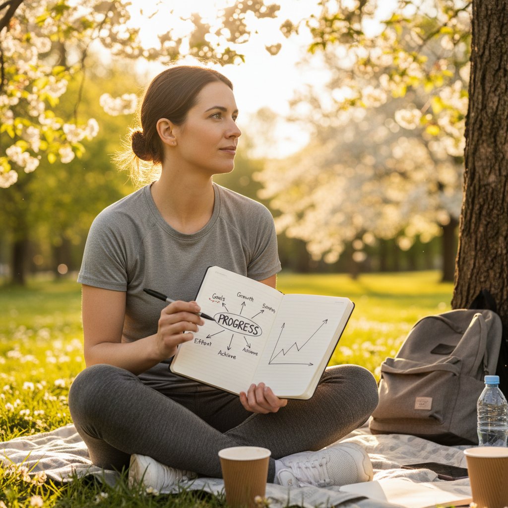 Twoje następne kroki: młoda kobieta idzie przez park, w ręce notes, uśmiechnięta, keywords: motywacja, rozwój, praktyka