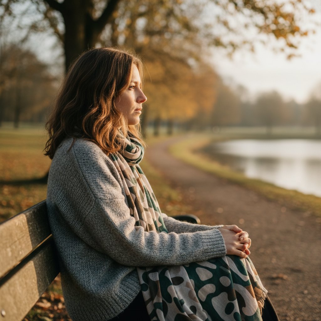 Kobieta po diagnozie siedzi na ławce w parku, zadumana, refleksja po kryzysie zdrowotnym