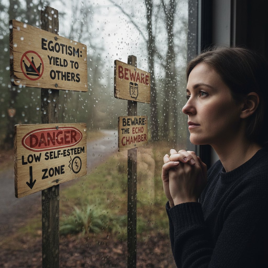 Kobieta z zamyśloną miną, patrząca przez okno, sygnały ostrzegawcze egotyzmu
