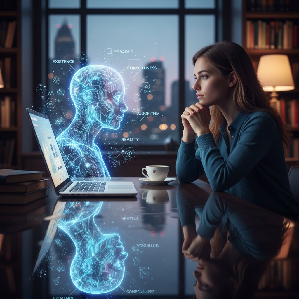 Kobieta prowadzi filozoficzną rozmowę z AI na laptopie, edukacja i refleksja, automatyzacja a filozofia pracy