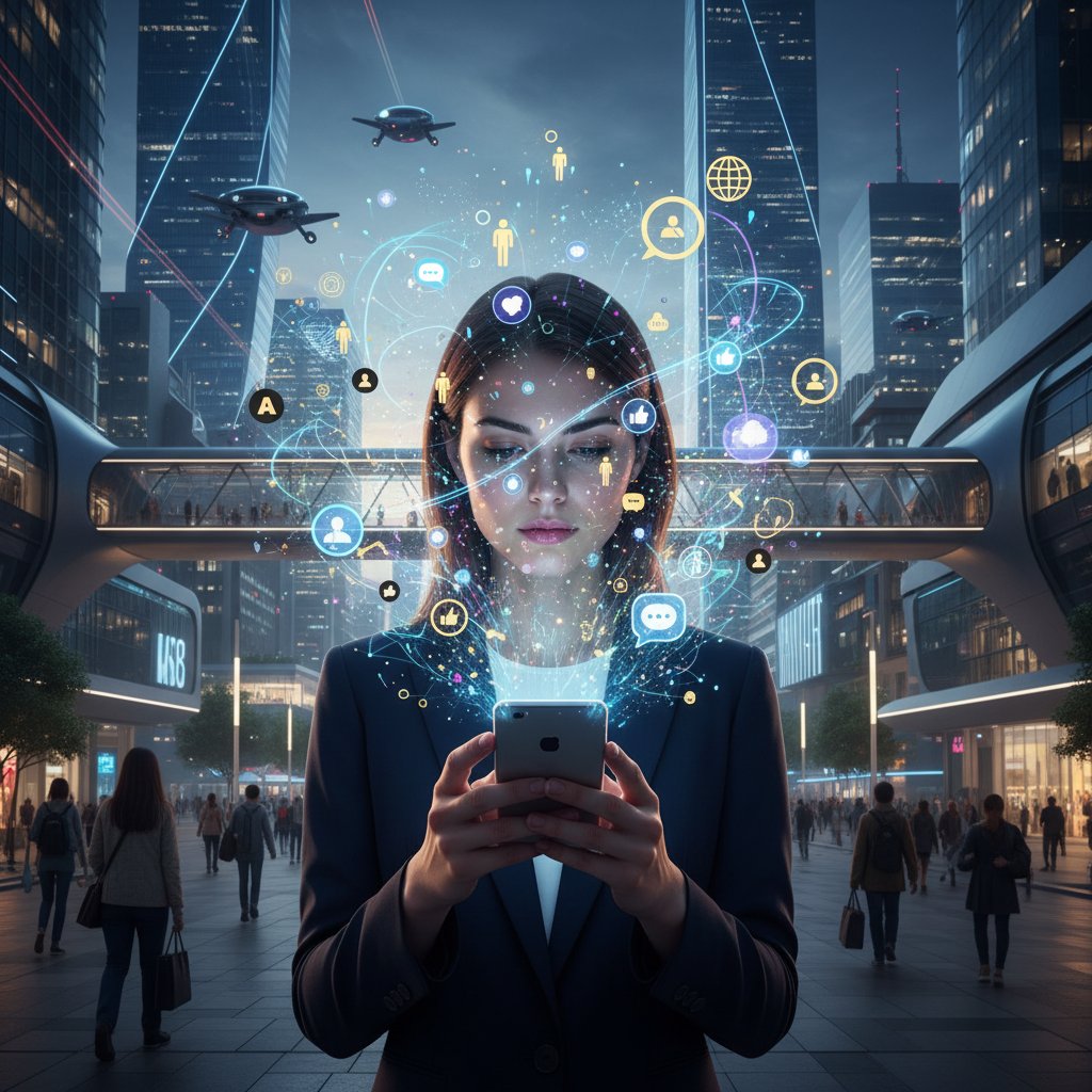 Kobieta z telefonem, wokół niej cyfrowe ikony społeczności, motyw nowoczesności