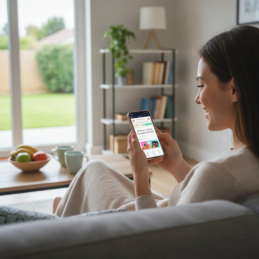 Kobieta siedząca z telefonem, przeglądająca artykuły zdrowotne na medyk.ai, z uśmiechem na twarzy