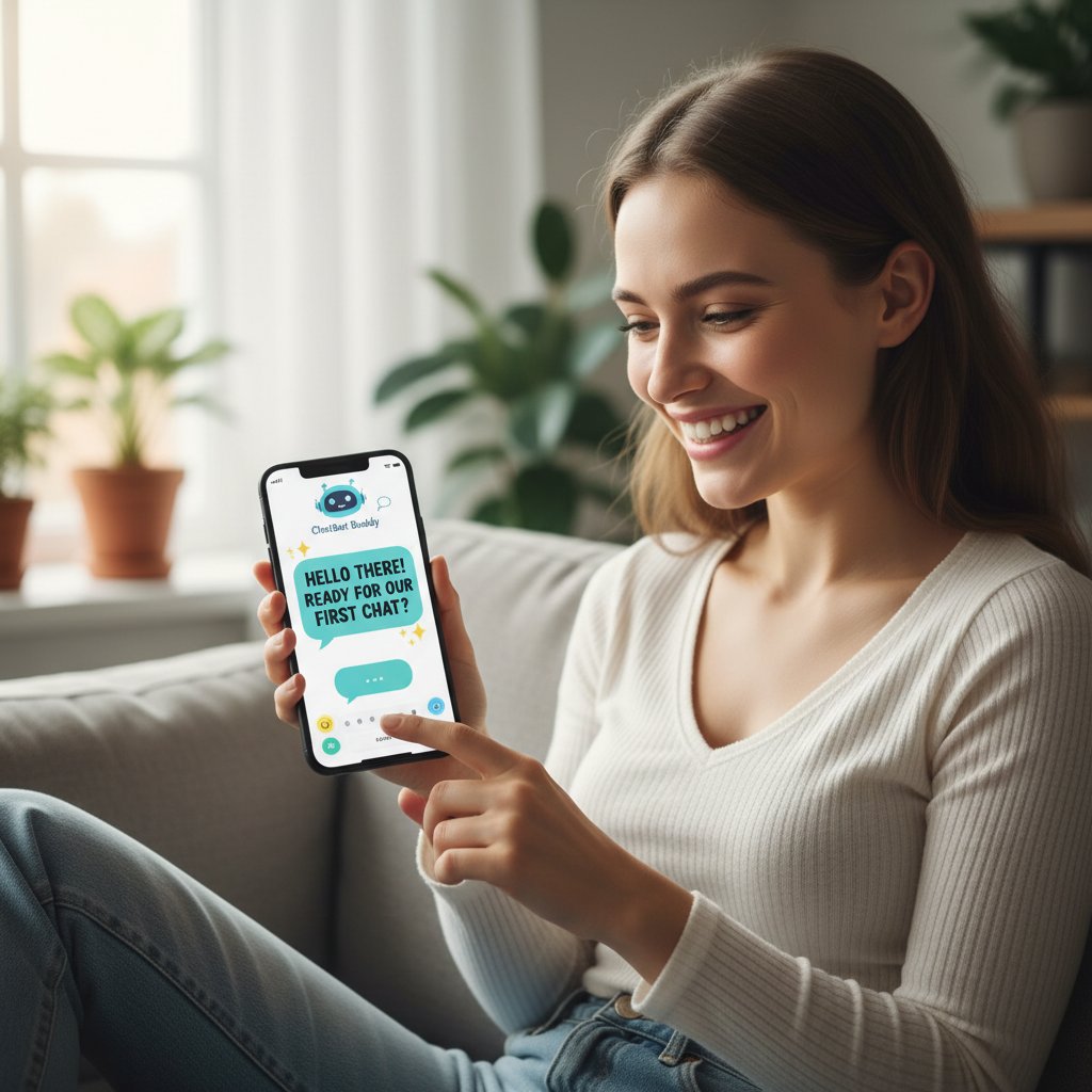 Kobieta siedząca z telefonem, uśmiechnięta podczas pierwszej rozmowy z chatbotem online