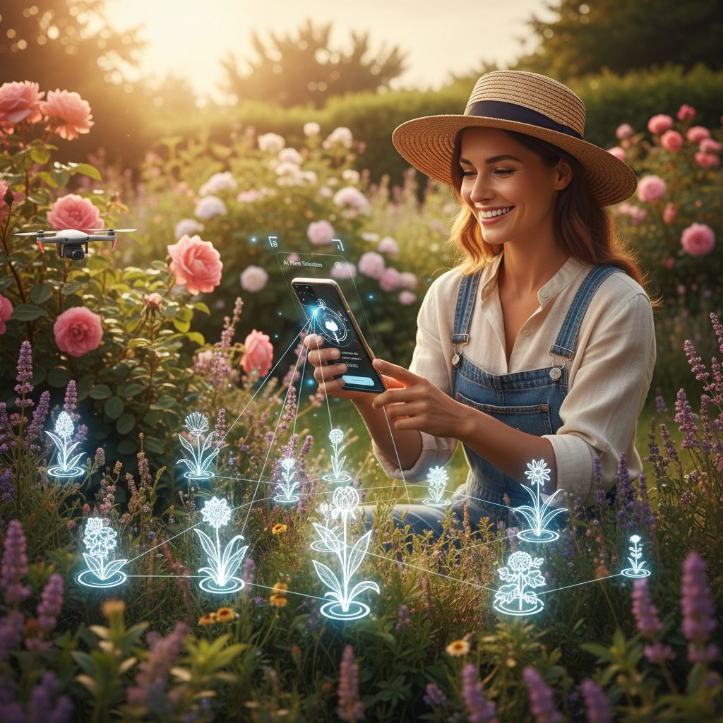 Kobieta siedzi z telefonem i uśmiecha się patrząc na wizualizację ogrodu stworzoną przez AI. Dobór roślin przez chatgpt w praktyce.