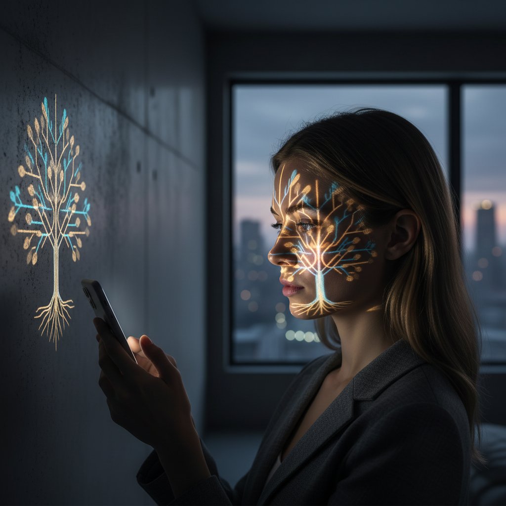 Kobieta zastanawiająca się nad telefonem do lekarza, symboliczne oświetlenie, decyzja o konsultacji zdrowotnej