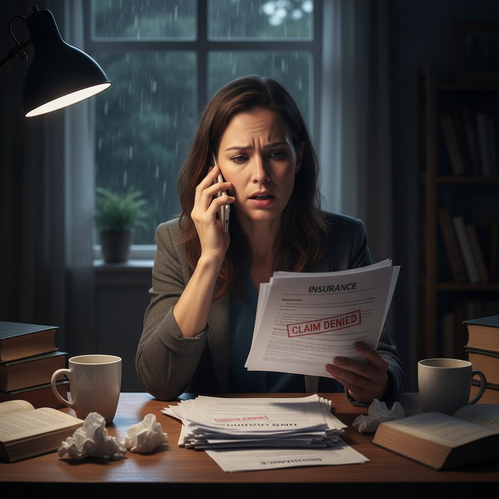 Kobieta rozmawiająca przez telefon, dokumenty ubezpieczeniowe, zmartwiona mina