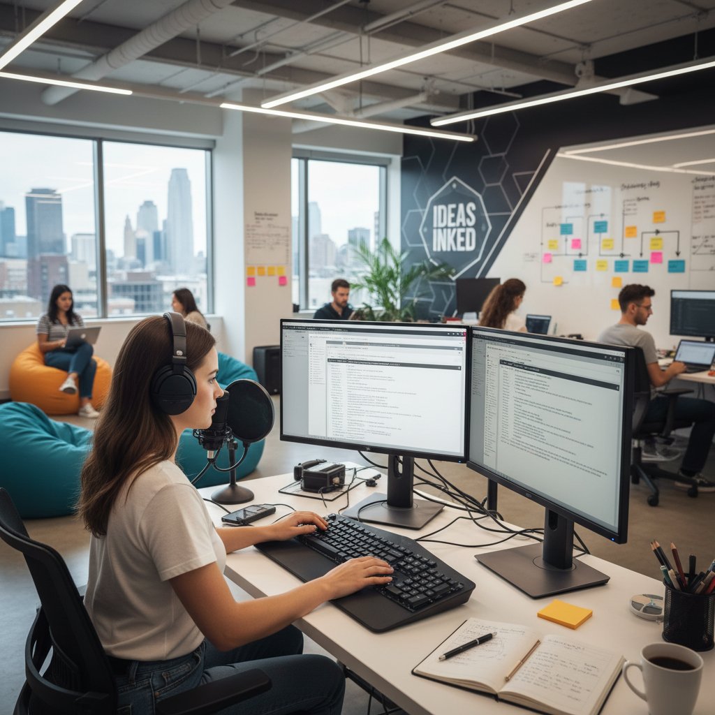 Kobieta analizująca transkrypcję podcastu na tablecie w biurze marketingowym