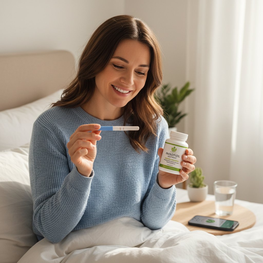 Zdjęcie kobiety z uśmiechem, trzymającej pozytywny test owulacyjny