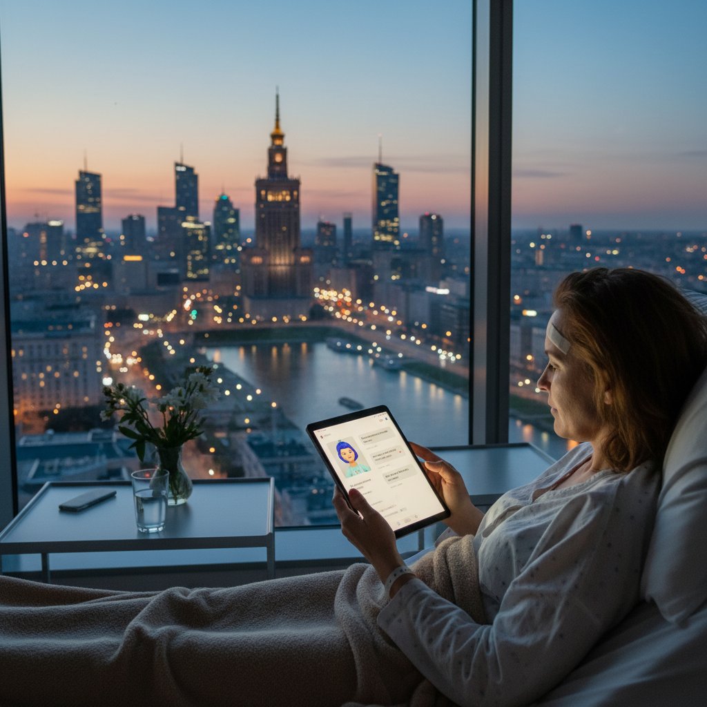 Kobieta po operacji leżąca na kanapie, korzystająca z tabletu z aplikacją pooperacyjną, Warszawa za oknem, wieczór