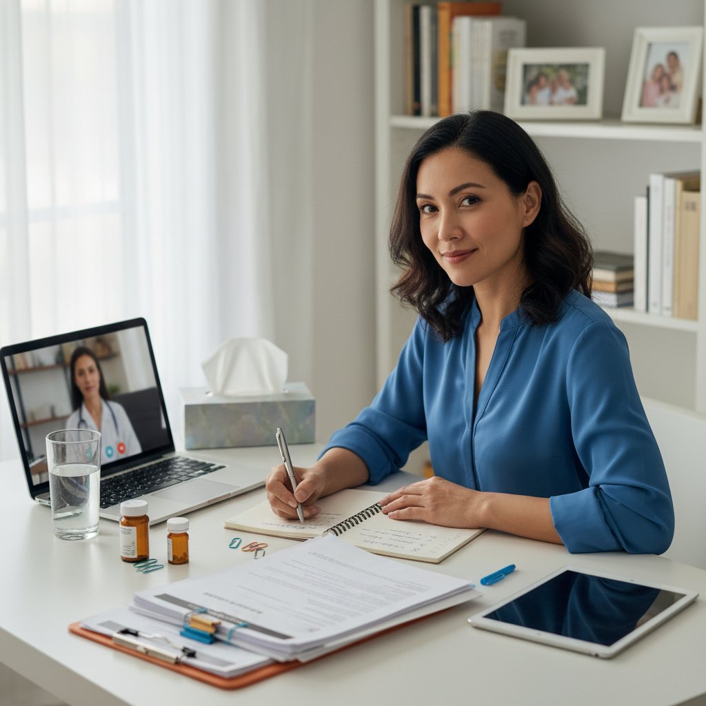 Kobieta przygotowująca się do teleporady z listą objawów i dokumentami medycznymi, słowa kluczowe: przygotowanie do teleporady, konsultacja zdrowotna online