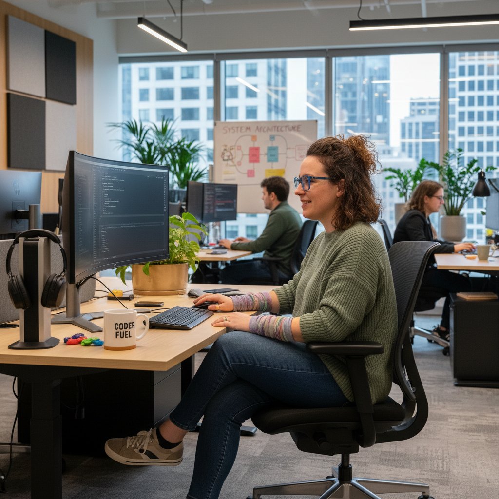 Kobieta programistka z ASD w firmie IT, skupiona na pracy, nowoczesne biuro