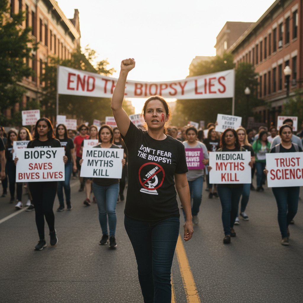 Kobieta z plakatem „Biopsja to nie wyrok”, protest przeciw mitom medycznym