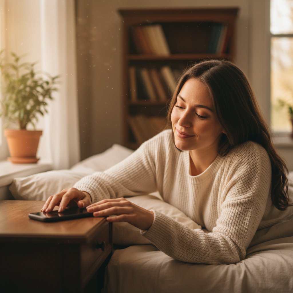 Kobieta odkładająca smartfon na bok, spokojna mina, w tle ciepłe światło, kontekst: świadome korzystanie z sieci
