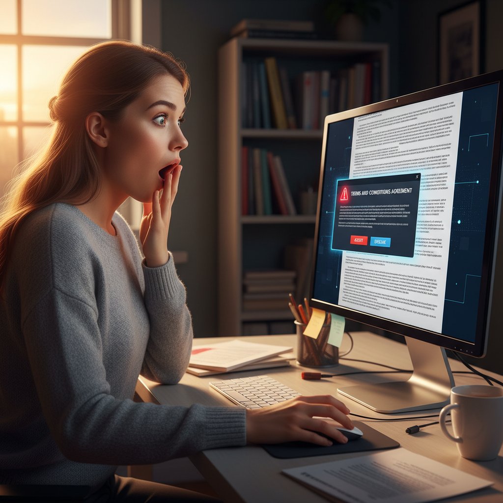 Kobieta czyta regulamin na ekranie komputera, wyraźnie zaskoczona ukrytymi warunkami