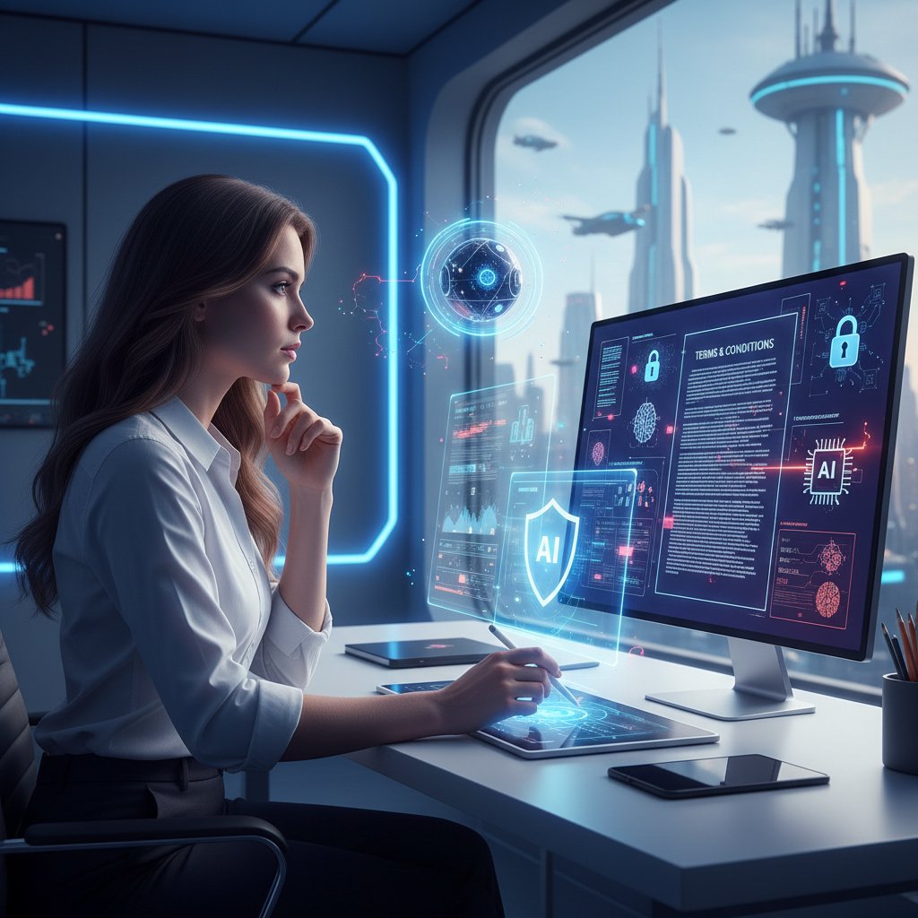 Kobieta czytająca warunki korzystania, w tle symbole zabezpieczeń cyfrowych