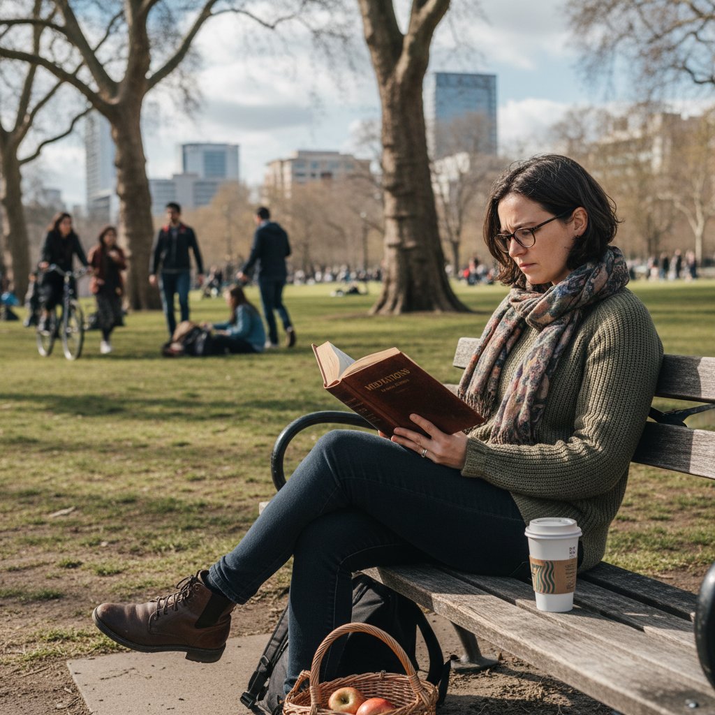 Kobieta czytająca filozoficzną książkę w parku, zastosowanie filozofii na co dzień, filozofia online