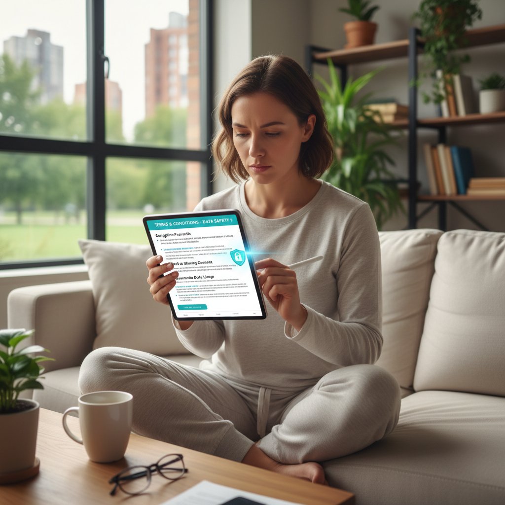 Kobieta czyta regulamin aplikacji zdrowotnej na smartfonie, domowa atmosfera, bezpieczeństwo danych