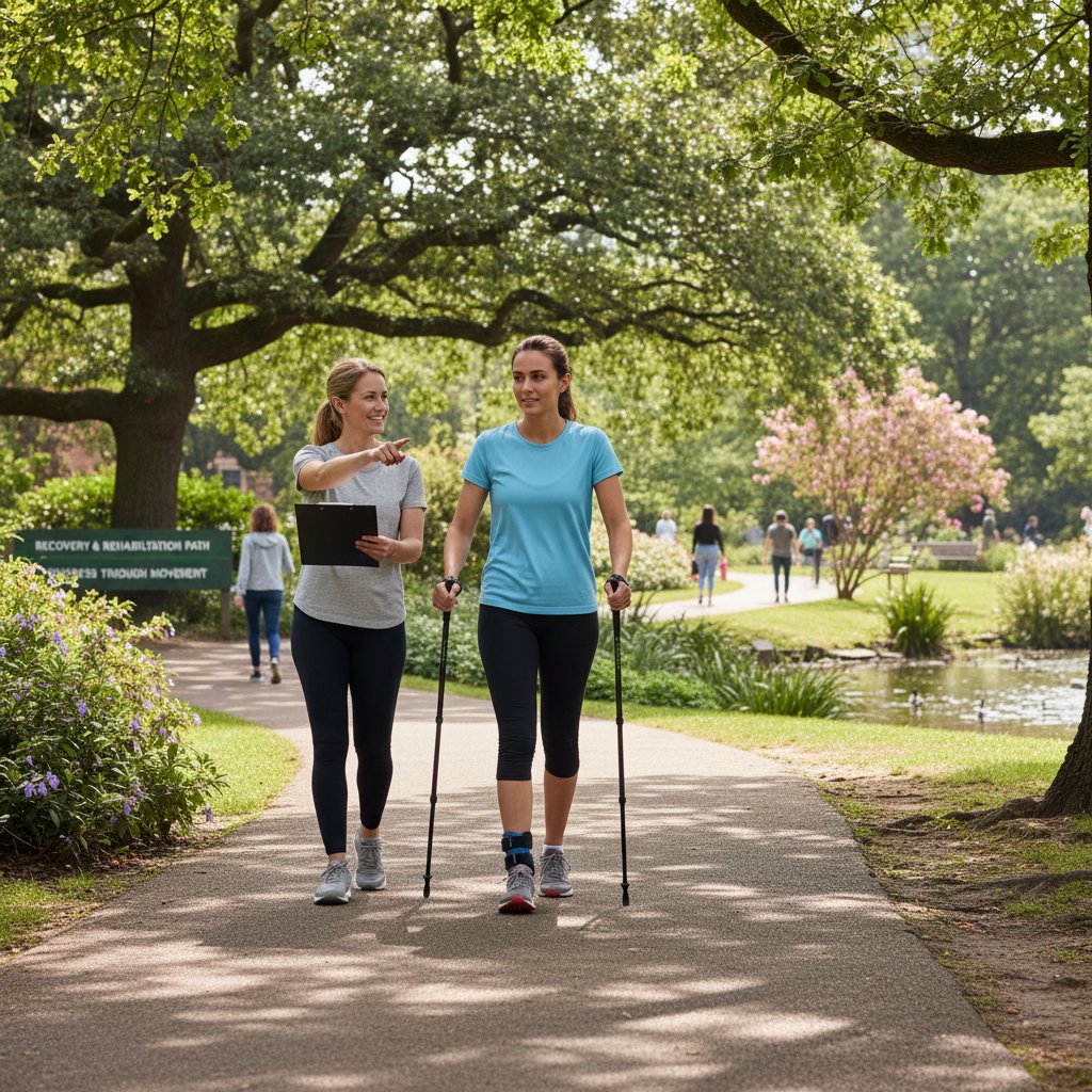 Proces zdrowienia – młoda kobieta na spacerze w parku, symbolizująca postęp w terapii