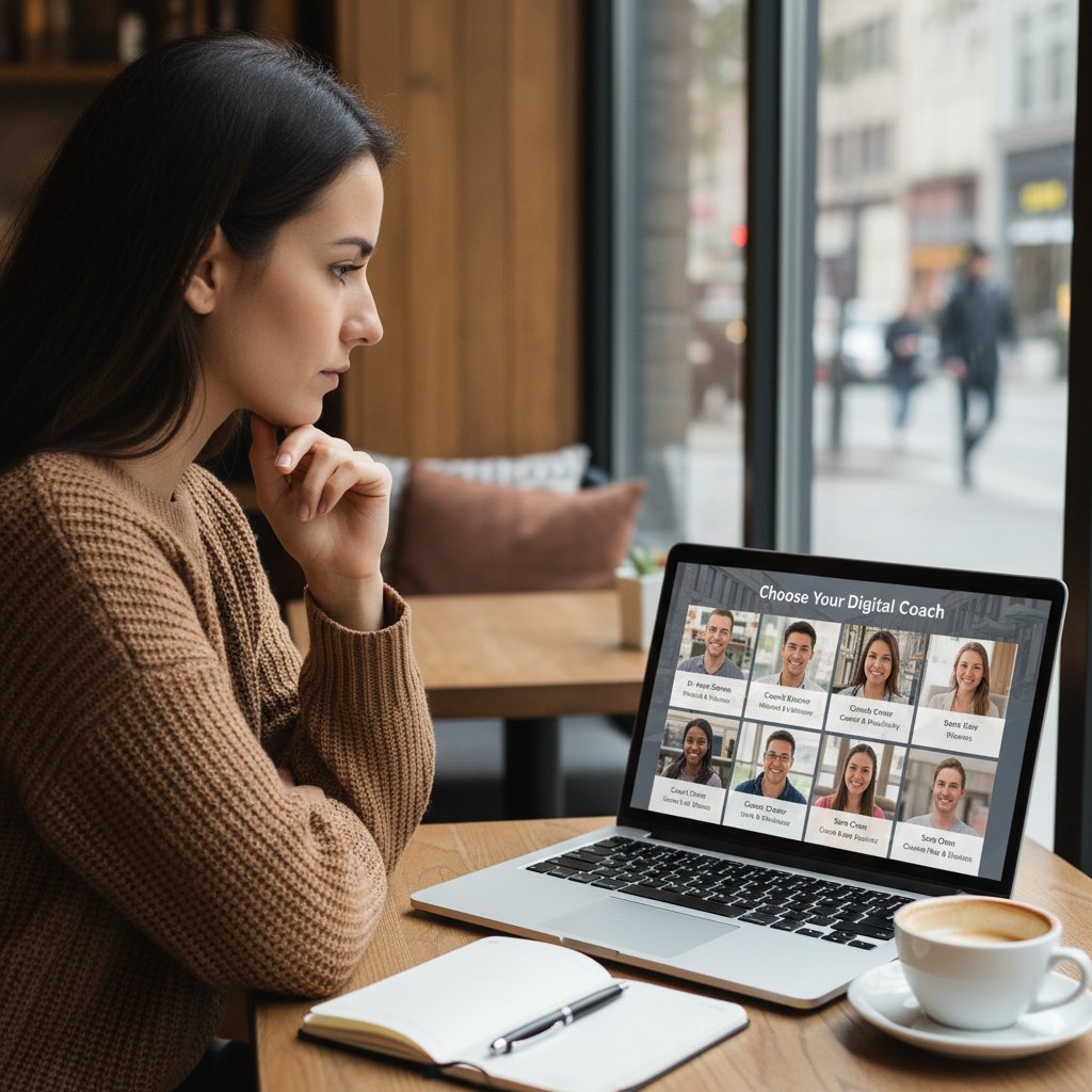 Kobieta zastanawiająca się przed laptopem – wybór cyfrowego trenera odporności, osobista refleksja nad wdrożeniem aplikacji