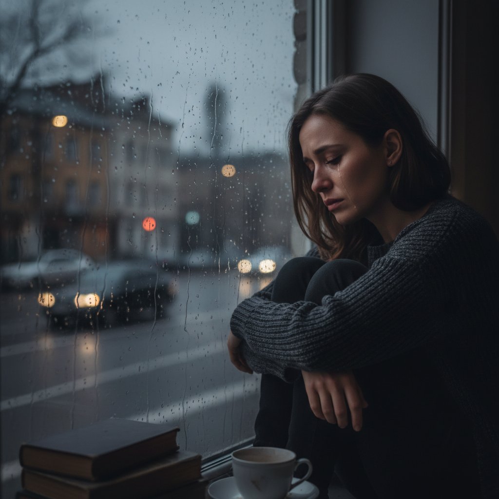 Kobieta patrząca przez okno, zamyślona, symbolizująca naturalną reakcję organizmu na smutek