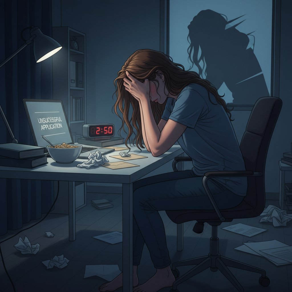 Kobieta z opuszczoną głową, symboliczną ilustracją odrzucenia i stresu