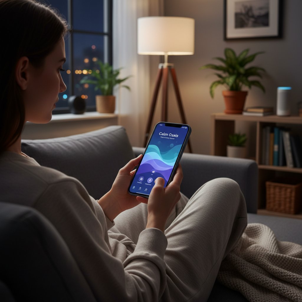 Kobieta korzystająca z aplikacji relaksacyjnej na smartfonie, wieczór w domu, nastrojowe światło – technologia w służbie relaksu.