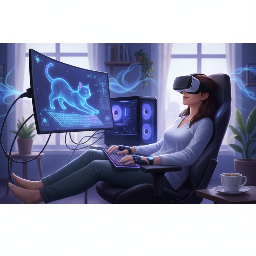 Kobieta siedząca przy komputerze z wirtualnym kotkiem na ekranie, wyraźnie zrelaksowana