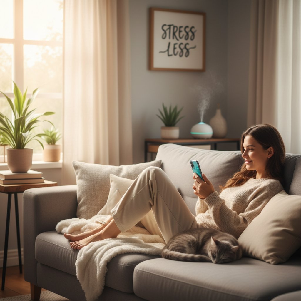 Kobieta relaksująca się z telefonem, spokojny wyraz twarzy, otoczenie domowe, aplikacja antystresowa