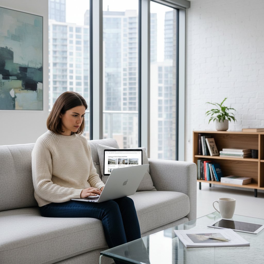 Kobieta analizująca recenzje klinik na laptopie w nowoczesnym mieszkaniu, skupiona, profesjonalna