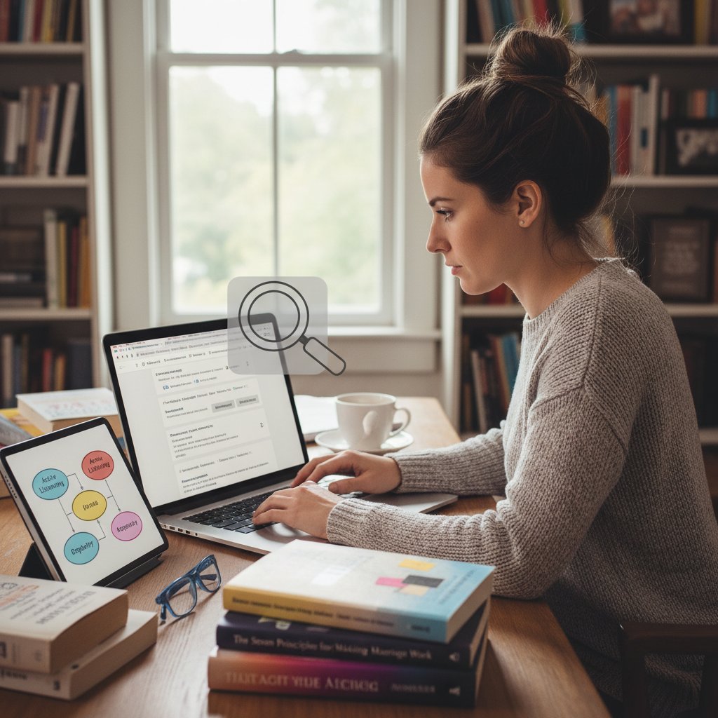 Woman researching relationship advice on laptop, focused, highlighting notes, surrounded by credible books and digital tools