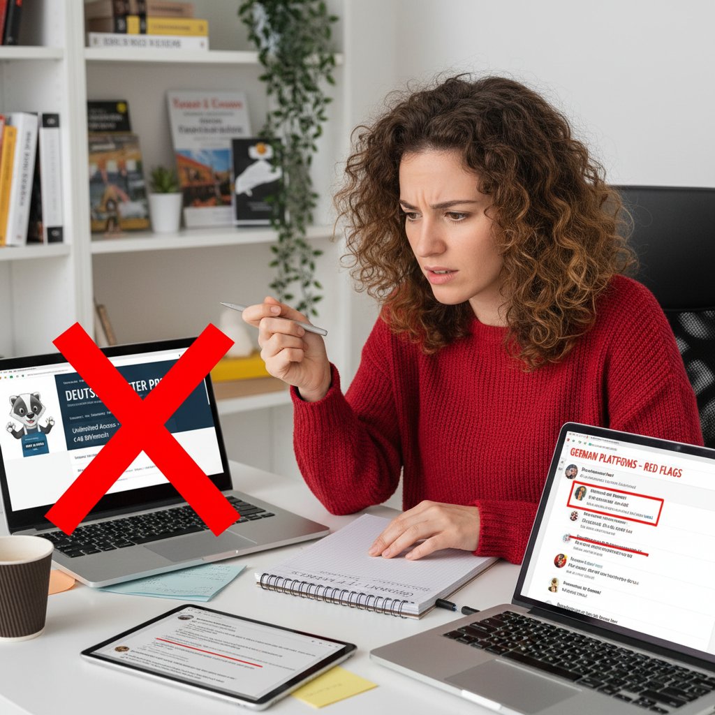 Kobieta przeglądająca ofertę platform do nauki niemieckiego, zwracająca uwagę na red flags