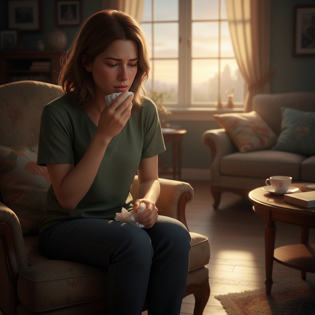 Kobieta patrząca w lustro, wyraźny smutek i zawód, usta opuchnięte po zabiegu powiększania, mieszkanie, wieczorne światło