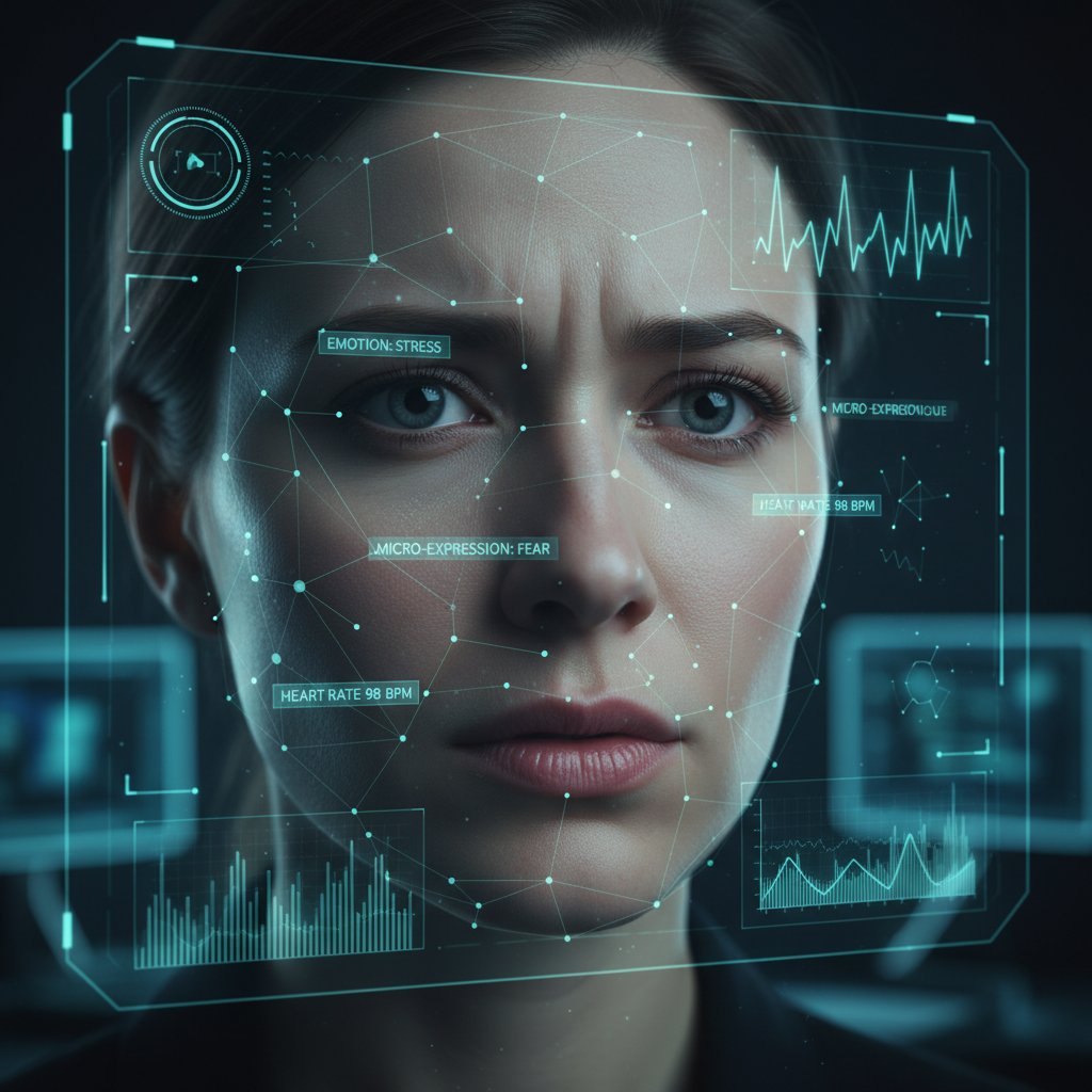 AI a emocje – kobieta patrząca na ekran, obok cyfrowa analiza wyrazu twarzy
