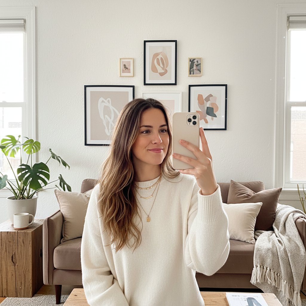 Kobieta robiąca selfie do profilu stylisty online w domowym otoczeniu, naturalny uśmiech, prywatność