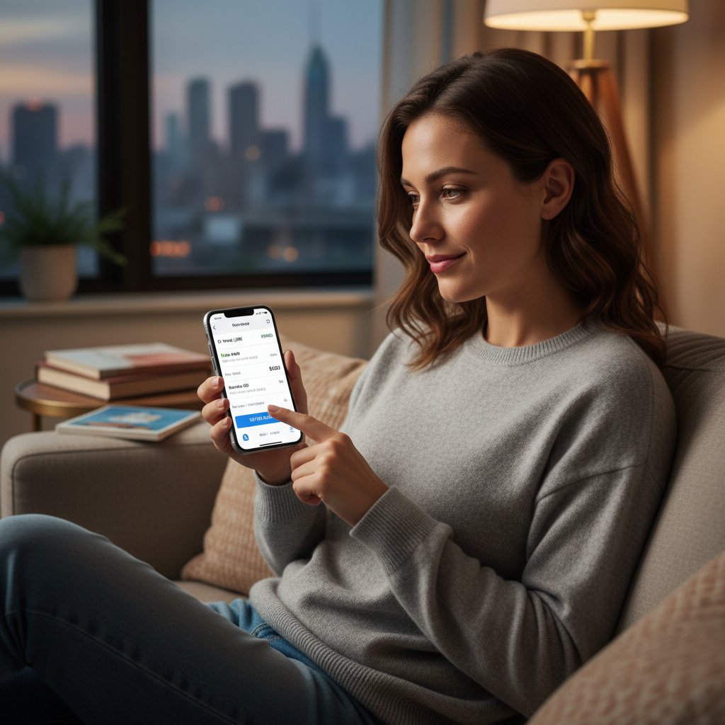 Kobieta konfigurująca alerty cenowe w aplikacji do biletów lotniczych na swoim smartfonie