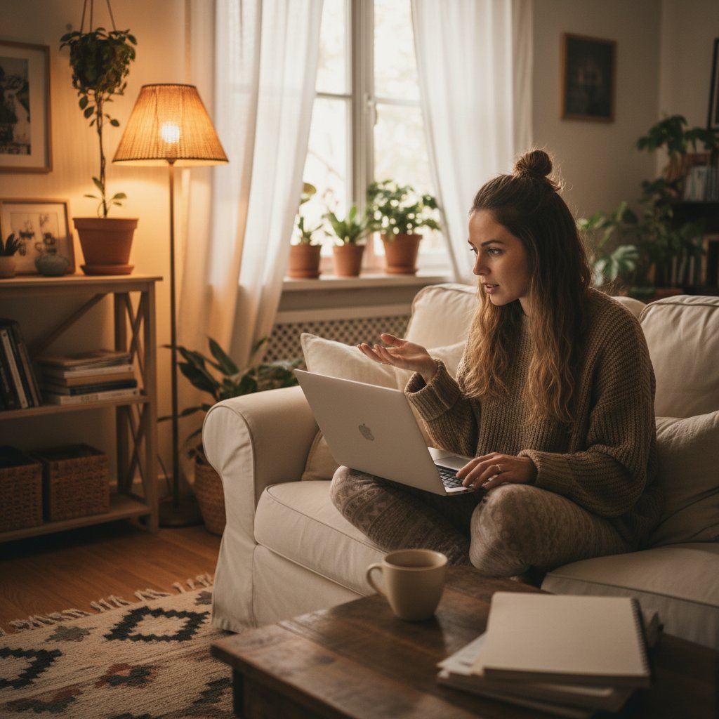 Kobieta dzieląca się opinią na laptopie, kącik domowy, atmosfera szczerości