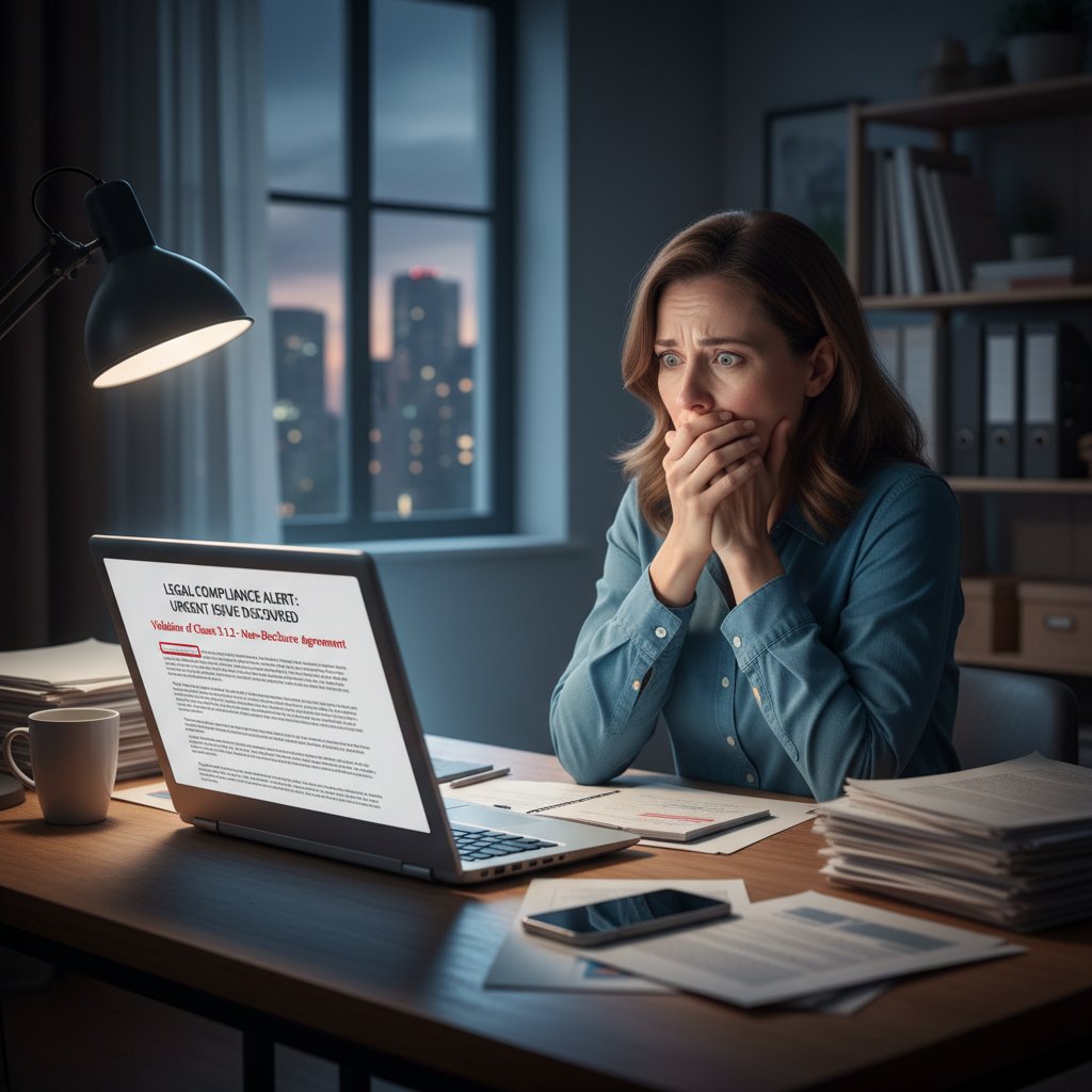 Kobieta z zaskoczonym wyrazem twarzy odkrywająca problem z umową pobraną z internetu – cyberzagrożenia wzorów online