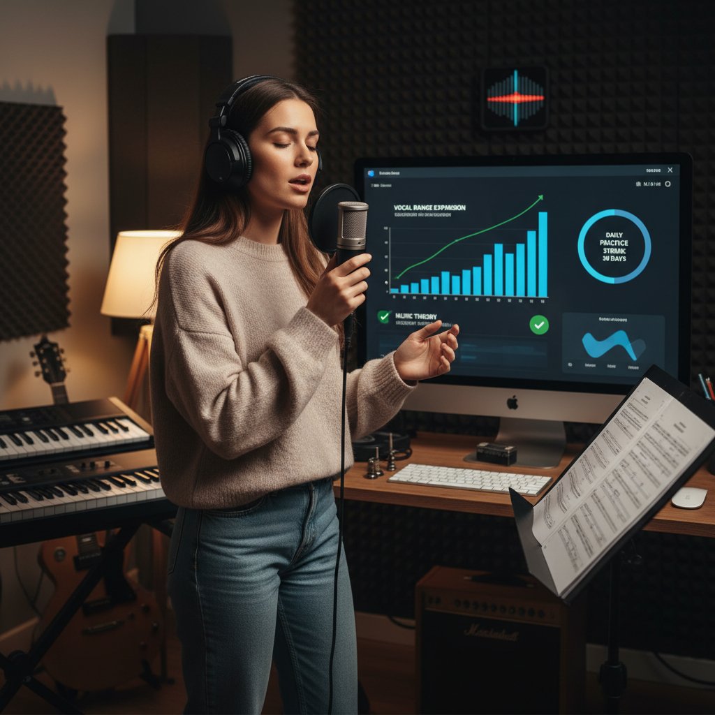 Kobieta śpiewająca przy komputerze, na którym widać wykres postępu nauki