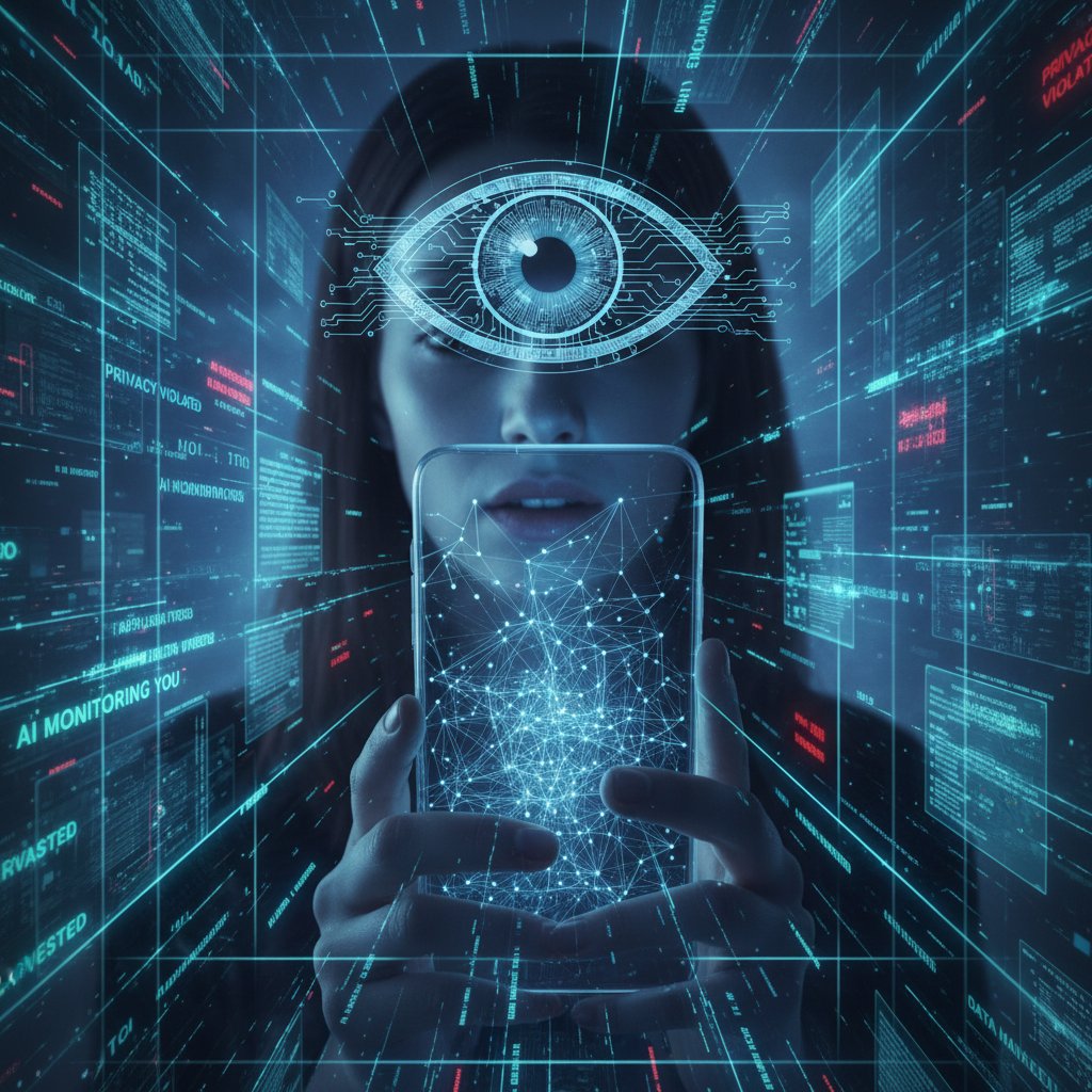 Młoda kobieta z telefonem, wokół której unoszą się cyfrowe dane – wizualizacja zagrożenia inwigilacją AI