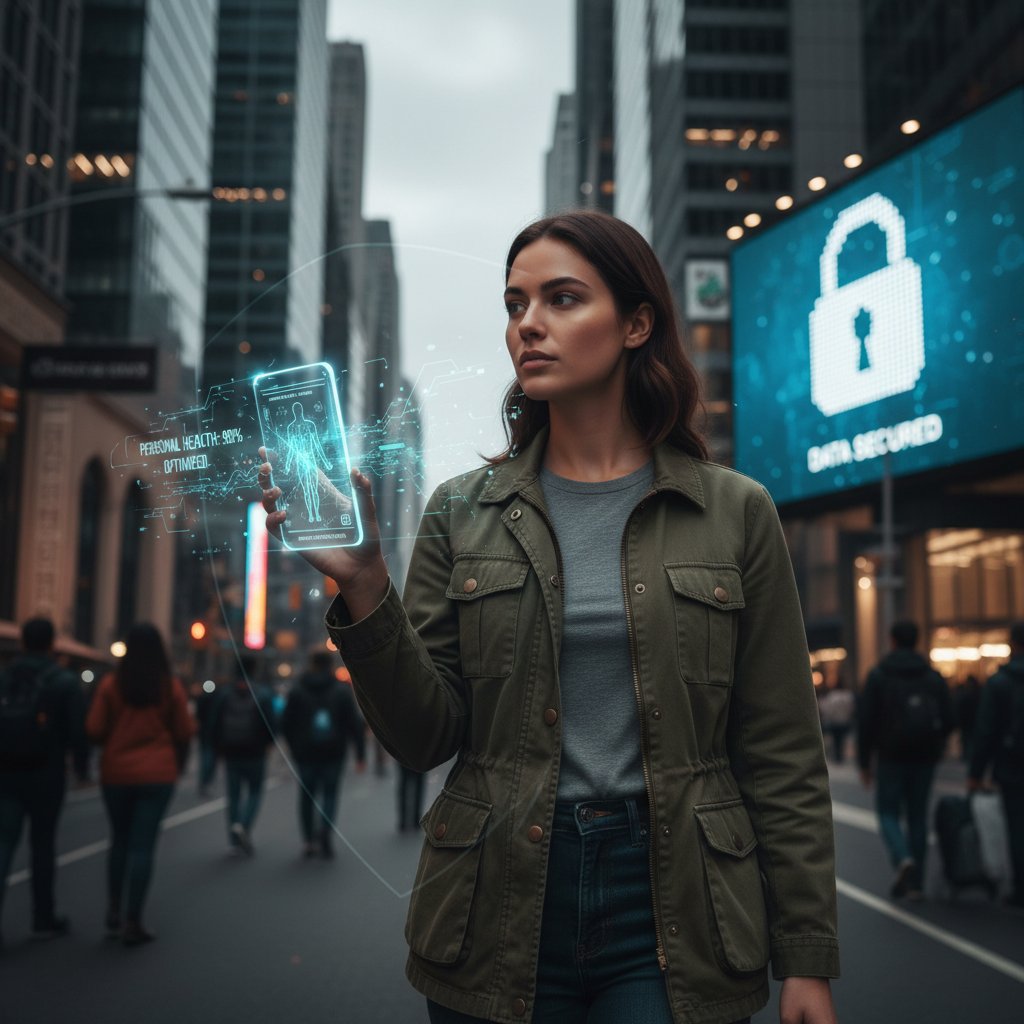 Kobieta wpatrująca się w ekran smartfona z wyświetloną analizą zdrowotną