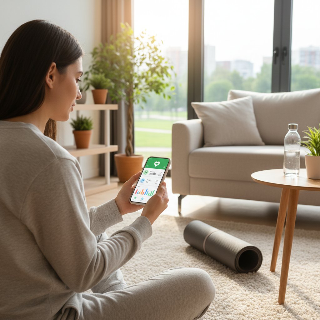 Kobieta z telefonem, korzystająca z aplikacji zdrowotnej w domu – symbol cyfrowego wsparcia poza gabinetem