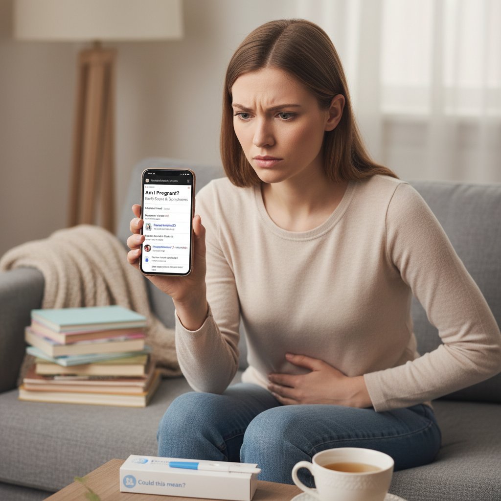 Młoda kobieta przeglądająca forum internetowe na smartfonie, z wyrazem zamyślenia i niepewności